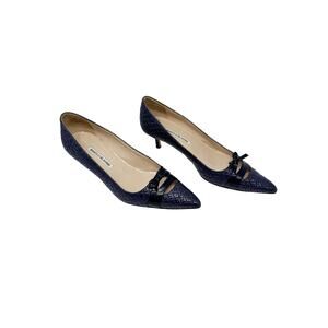 Manolo Blahnik Woven Raffia Kitten Heels Bow Pumps Blue 39.5